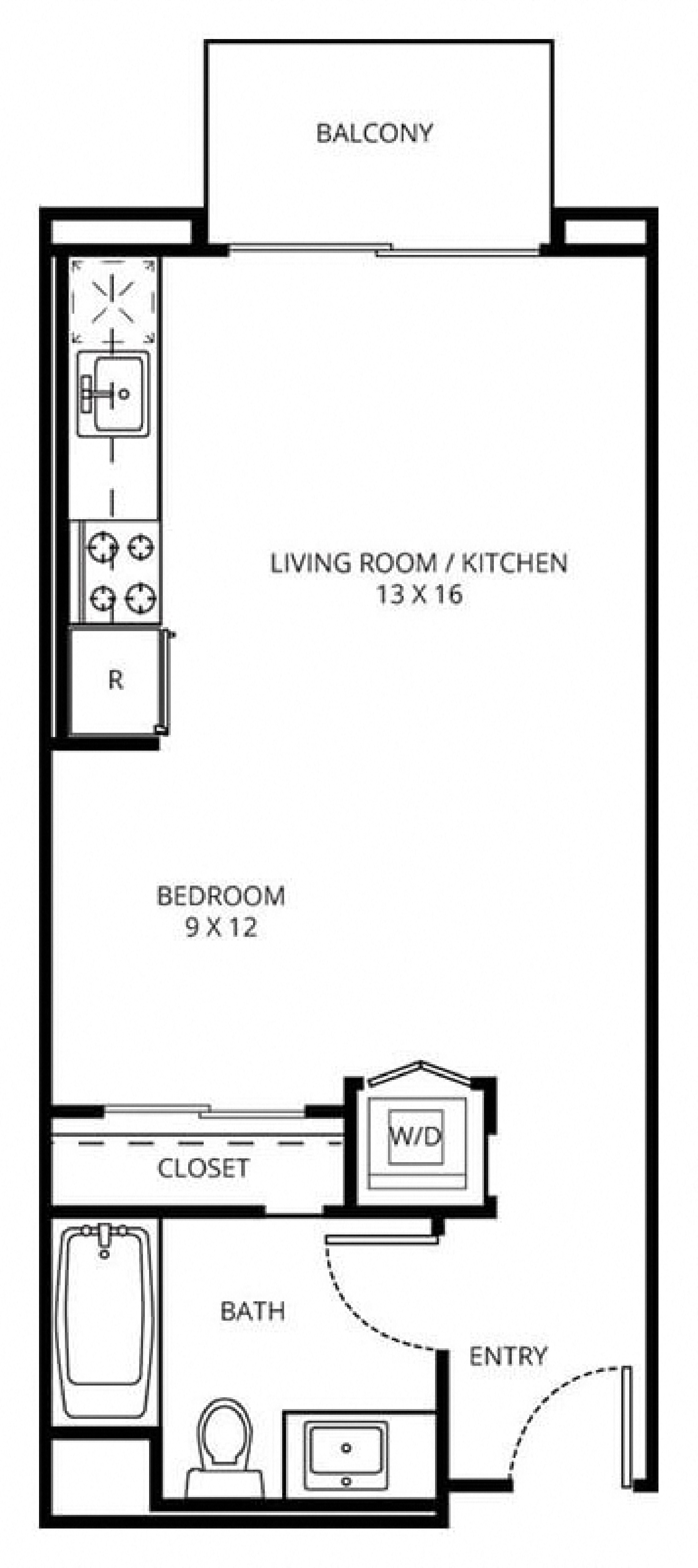 Floor plan for studio, 1 bath, 488 sqft